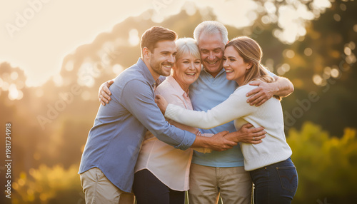 Happy Multi-Generational Family Hugging Together Outdoors In Park At Sunset Golden Hour
