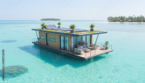 Luxury modern floating villa with solar panels in tropical turquoise lagoon
