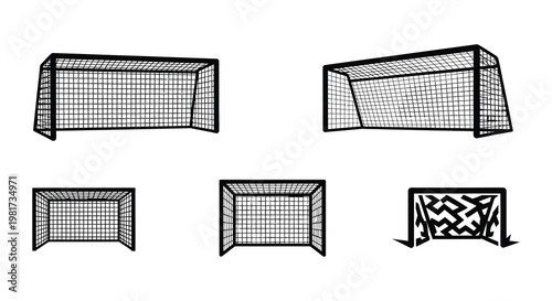 Multiple perspectives of a black soccer goal on a white background