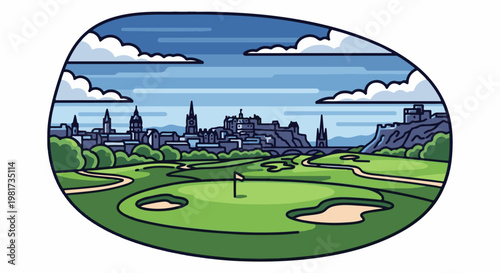 Green golf course with a castle and city skyline in the background