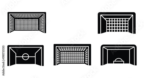 Multiple perspectives of a black soccer goal on a white background