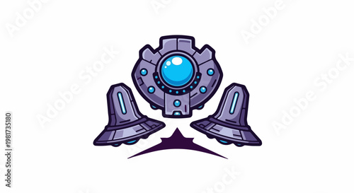 Futuristic mechanical orb with glowing blue core and flanking units