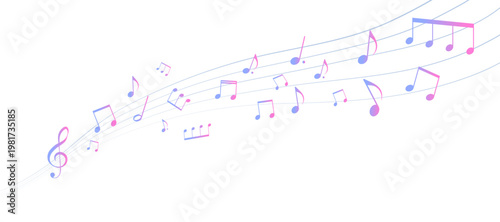 カラフルな遠近感のある楽譜のフレームイラスト　五線譜　背景イラスト　音符、音楽記号のイラスト