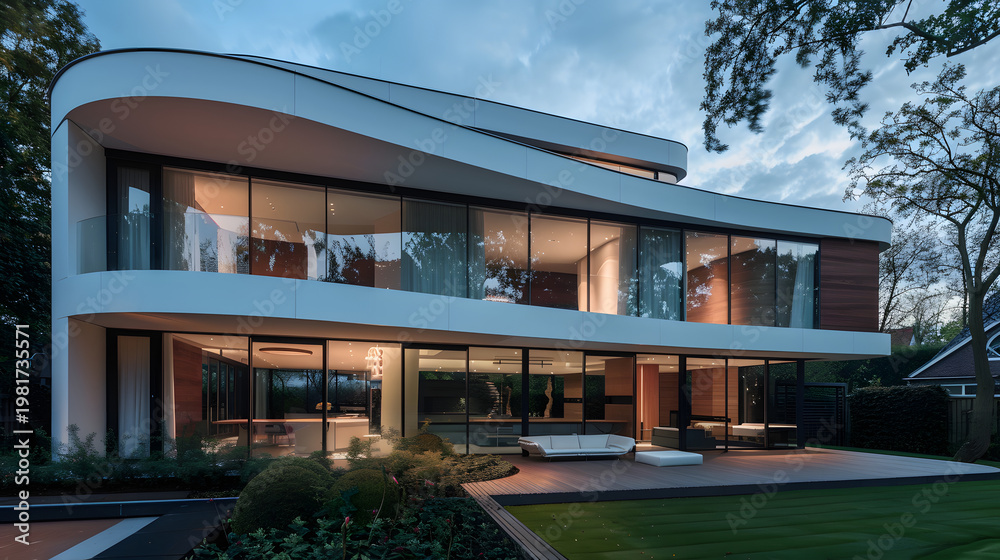 Obraz premium Modern luxury home with sleek design and glass facade at dusk