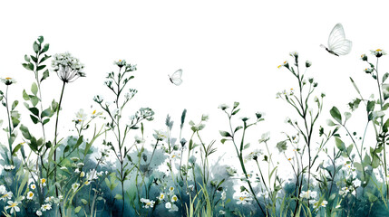 Floral card with delicate wildflowers, green plants and white flying butterfly, watercolor isolated illustration for card, border, poster or wallpapers. Hand drawn for your design. Stock Illustration