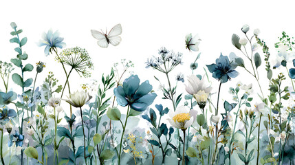 Floral card with delicate wildflowers, green plants and white flying butterfly, watercolor isolated illustration for card, border, poster or wallpapers. Hand drawn for your design. Stock Illustration
