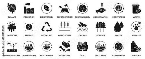 Environment Icon Set. Containing icon environment, climate, pollution, biodiversity, deforestation, sustainability, conservation, ecosystems, waste and more. Solid Style Icon Vector Illustration.