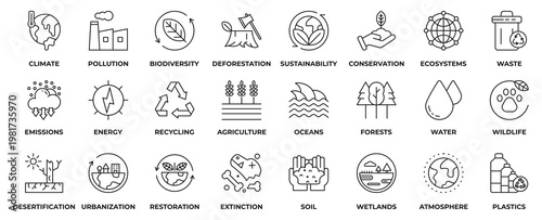 Environment Icon Set. Containing icon environment, climate, pollution, biodiversity, deforestation, sustainability, conservation, ecosystems, waste and more. Outline Style Icon Vector Illustration.