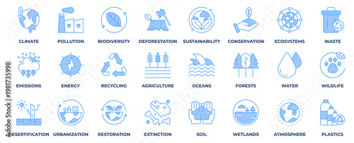 Environment Icon Set. Containing icon environment, climate, pollution, biodiversity, deforestation, sustainability, conservation, ecosystems, waste and more. Blue Style Icon Vector Illustration.