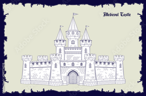 Vector drawing or diagram of feudal medieval castle. Combat outpost. Stone military fortress of knight with towers. Ancient fairytale manuscript, scroll. European defensive fortification. Gates