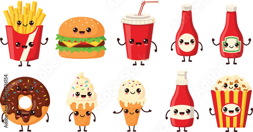 Cute fast food character collection with fries burger soda donut ice cream and popcorn, kawaii cartoon snack set for kids illustration