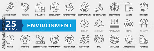 Environment icons set collection. Containing environment, climate, pollution, biodiversity, deforestation, sustainability, conservation, ecosystems and waste icon. Simple Line Vector Illustration