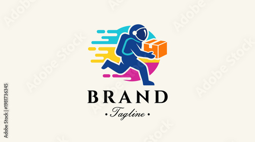 An exciting graphic showcasing an astronaut delivering a package with a sense of speed and energy, symbolizing efficient and adventurous delivery services.
