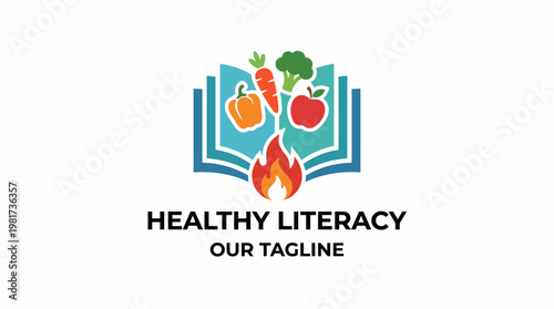 A vibrant logo that promotes healthy literacy through colorful vegetables integrated into an open book design, emphasizing the importance of nutrition and learning.