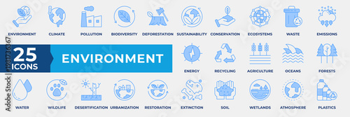 Environment icons set collection. Containing environment, climate, pollution, biodiversity, deforestation, sustainability, conservation, ecosystems and waste icon. Simple Blue Vector Illustration