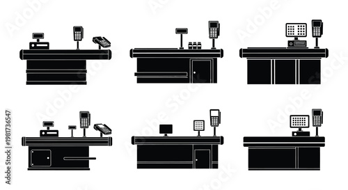 Black and white illustrations depicting various retail checkout counter setups