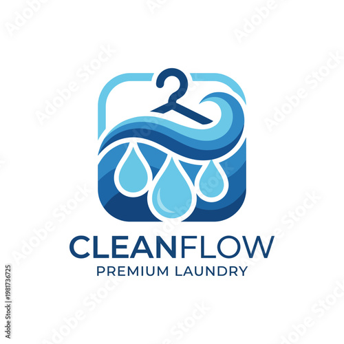 This elegant logo features a hanger, water droplets, and flowing waves, embodying the freshness and efficiency of premium laundry services for modern customers.