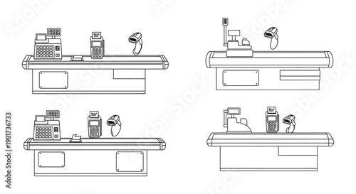Black and white illustrations depicting various retail checkout counter setups