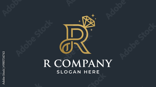 R Company logo blends elegance with modern aesthetic, featuring a diamond element, ideal for businesses focused on luxury goods or high-end services in the market.