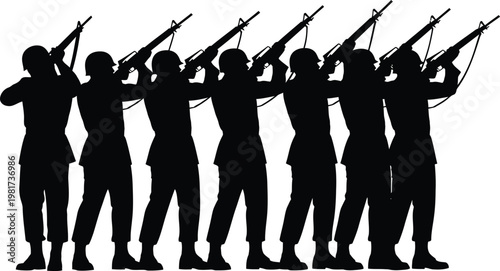 Silhouette of a group of people holding rifles in a united formation