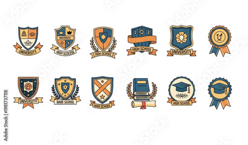 University school badge vector bundle with college crest and education emblem set