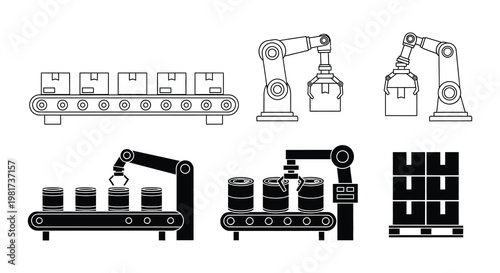 Automated factory line with robotic arms conveyor belts and canned goods