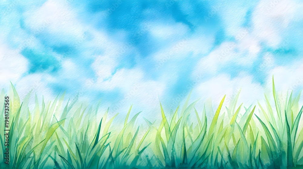 Fototapeta premium Serene green field watercolor illustration peaceful landscape luminous light airy blue sky calm energy