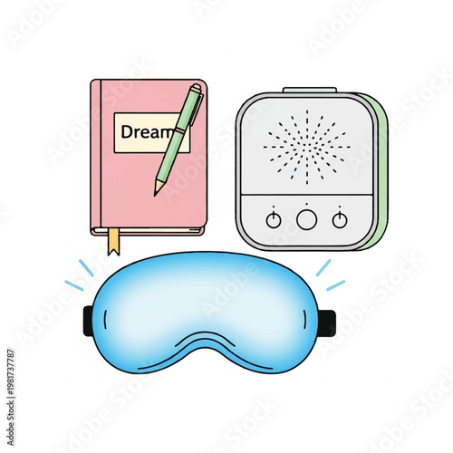 A blue sleep mask lies in front of a pink dream journal and a white noise machine on a table indoors.