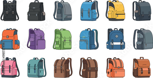 Backpack collection with colorful school bags and travel rucksacks, modern casual accessories vector illustration set isolated background