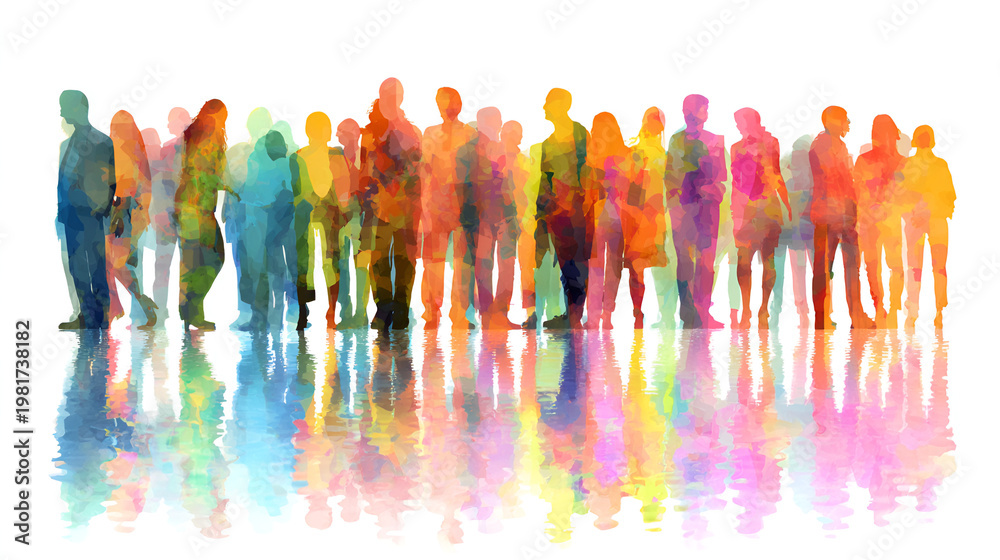 Obraz premium Group of diverse people silhouettes isolated on white background background, teamwork and community concept