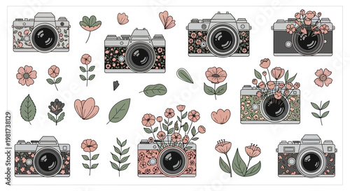 Cameras decorated with soft botanical patterns create a stylish display.