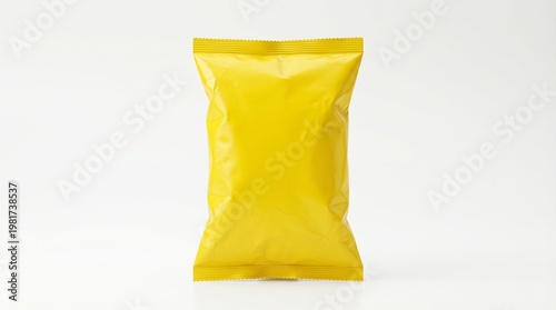 Bright yellow potato chips packaging mockup isolated on white background clean minimal food snack pouch design template modern commercial advertising space empty bag realistic studio lighting product 