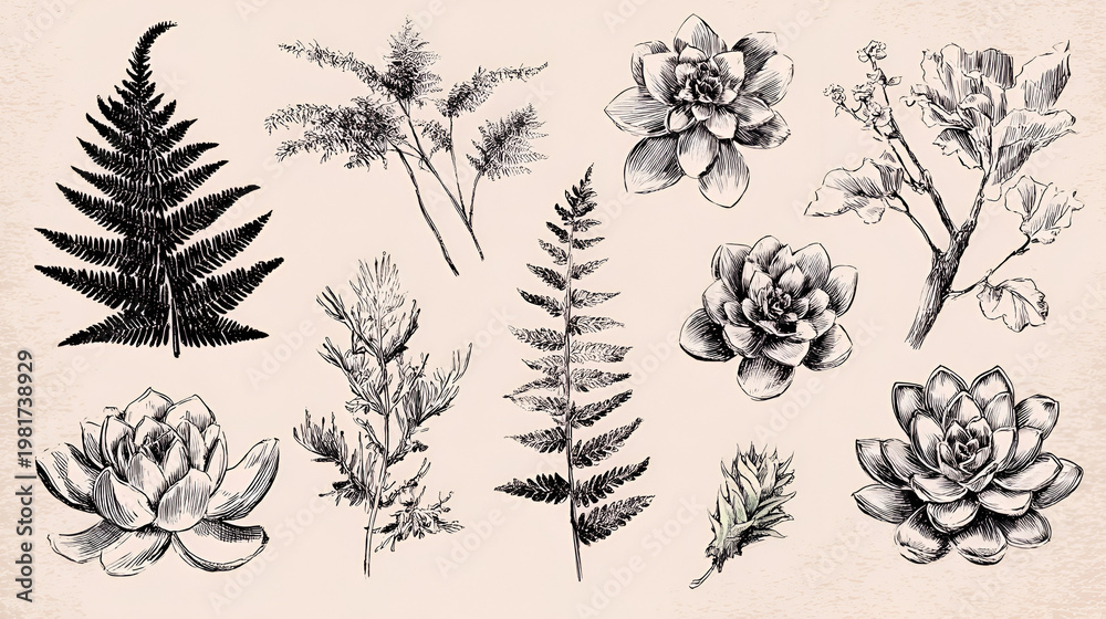 Fototapeta premium Hand-Drawn Top View Plant Ink Sketch Set Featuring Ferns and Succulents for Landscape Architecture Stock Vector