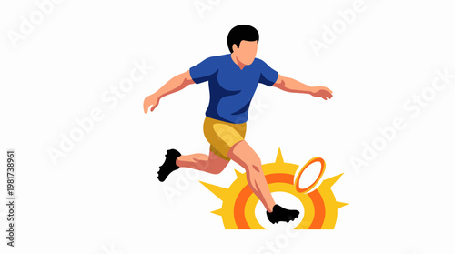 A vibrant illustration of a male athlete running and kicking a frisbee, radiating energy and enthusiasm under a bright sun in a lively outdoor setting.
