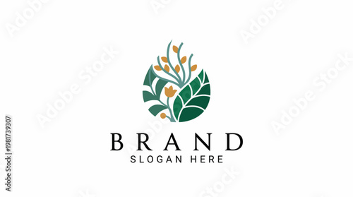 This elegant logo features lush green leaves and blooming flowers, symbolizing growth, vitality, and the beauty of nature for a brand focused on sustainability and wellness.