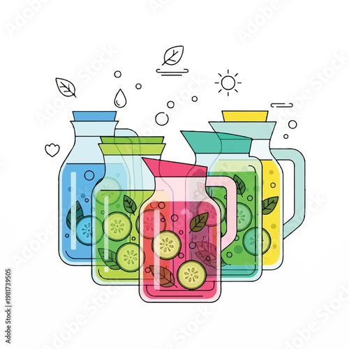 Colorful illustration of various jugs filled with refreshing summer drinks and slices of fruits and vegetables on a sunny day.