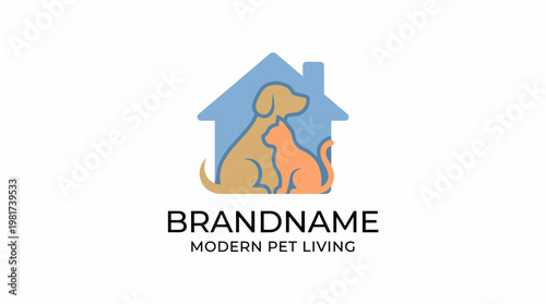 A warm and inviting logo for a modern pet living brand featuring a cat and dog, representing companionship, love, and the joy of having pets at home.