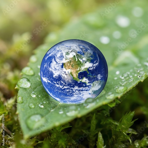 A vibrant representation of planet Earth resting delicately on a dewy green leaf, symbolizing nature's fragile beauty and environmental care
