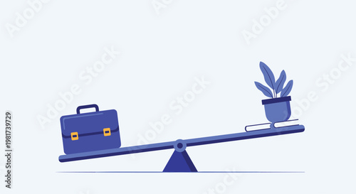 Seesaw balancing a briefcase and a potted plant, symbolizing the concept of work-life balance and harmony.