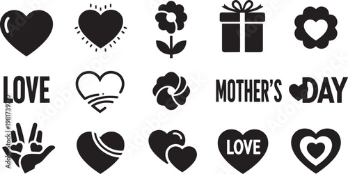 Mothers day icons hearts flowers gifts love celebrating mom's special day