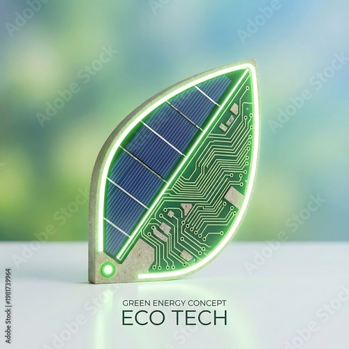 Innovative ecological technology concept illustrating sustainable energy solutions and environmental responsibility through a digital leaf design