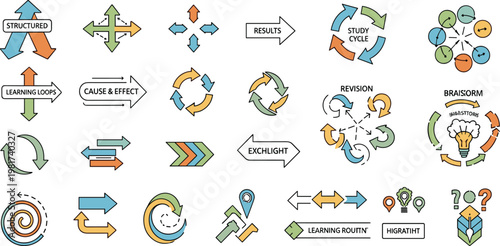 Business Process and Learning Cycle Infographic Icon Set Featuring Arrows Flowcharts Brainstorm Revision Study Cycle and Strategy Elements in Flat Style