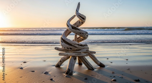 Artful driftwood sculpture twisted organically on a sandy beach at sunrise or sunset