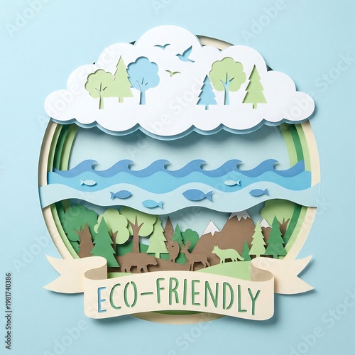 Handcrafted layered paper cut art illustrating a vibrant natural ecosystem with forests, mountains, rivers, and wildlife, emphasizing eco-friendly sustainability