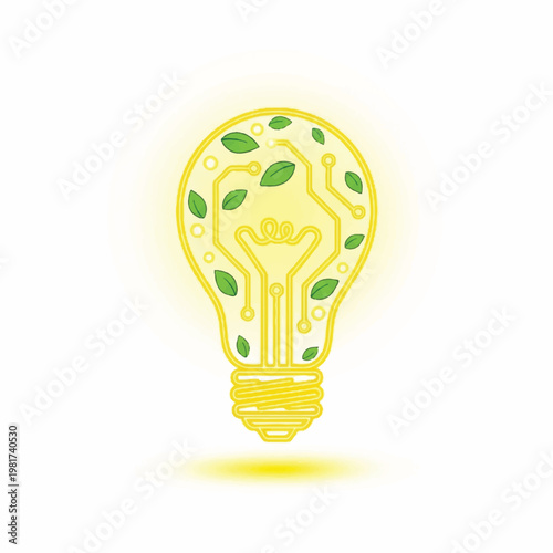 A glowing yellow light bulb with green leaves and circuit board inside represents eco-friendly technology innovation.