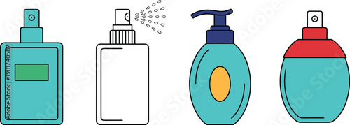 Set of cosmetic spray bottles and liquid dispensers illustration, personal care packaging collection and hygiene product containers minimal design