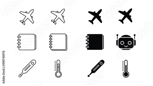 Collection of icons depicting travel, technology, and health elements