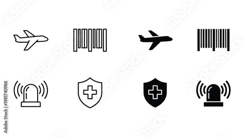 Contrasting icons of travel, security, and scanning technologies in black and white