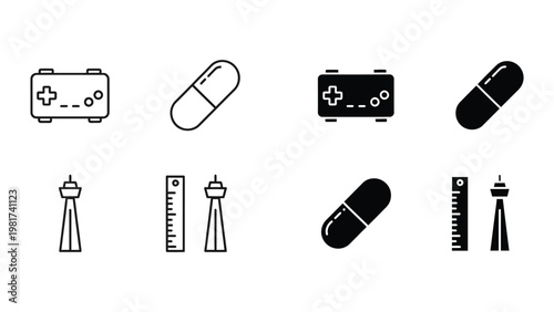 Contrasting icons of medical devices and landmarks in black and white versions