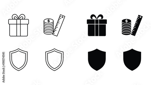 Contrast and comparison of gift, money, and security icons in light and dark versions
